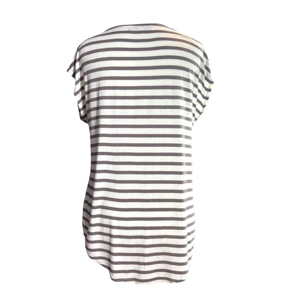 GREEN ENVELOPE Timeless Classic Top Brown Stripe Shirt Cap Sleeve USA Minimalism - Picture 3 of 11